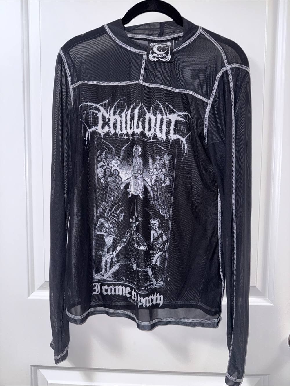 Killstar Black Sheer Goth Mesh Long Sleeve Top with White Graphic